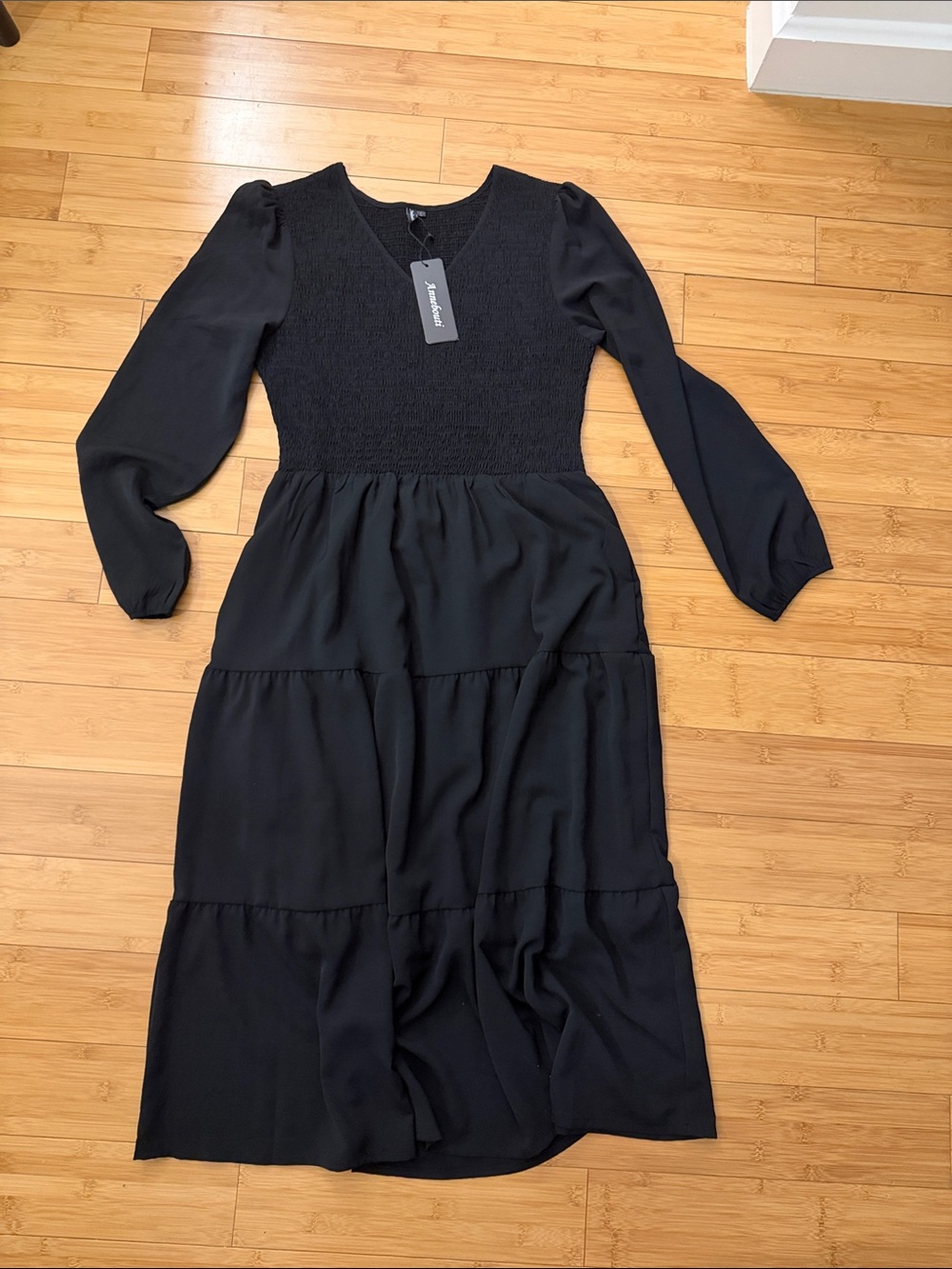 Smocked Waist Black Maxi Dress with Long Puff Sleeves. NWT.